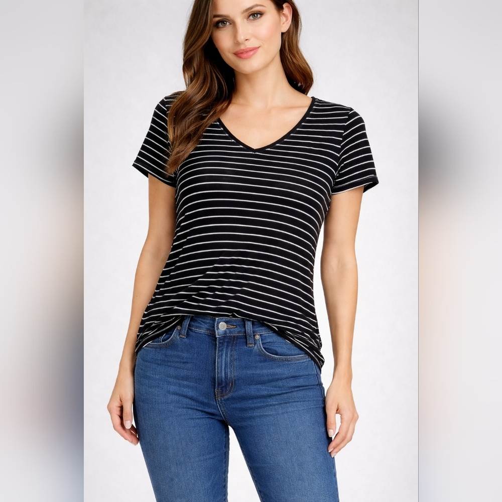Women's Black and White Striped Short Sleeve Top with Crisscross Neckline